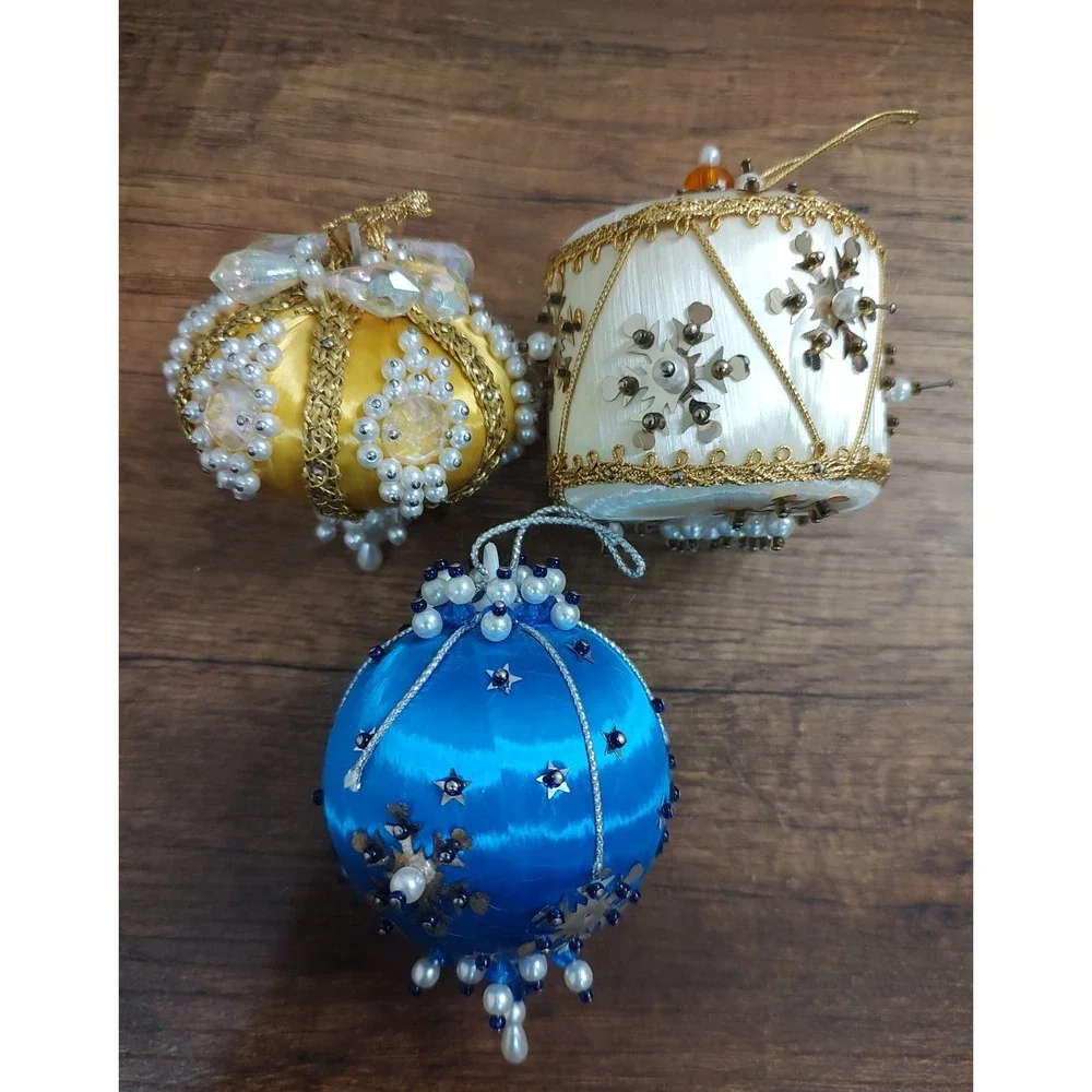 Lot Of 3 Handmade Push Pin Beaded Sequin Christmas Ornament MCM Vintage A17